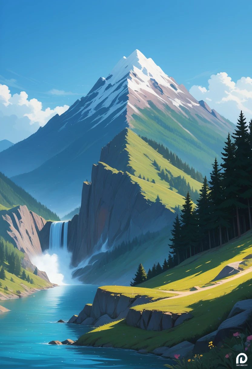 impressive painting of a mountain with trees and water, a detailed painting by Petros Afshar, shutterstock contest winner, environmental art, detailed painting, outlined art, 2d game art, isolated background for logo, strong contours, logo design
