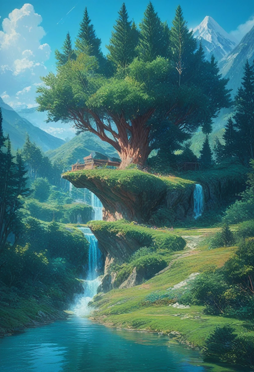 impressive painting of a mountain with trees and water, a detailed painting by Petros Afshar, shutterstock contest winner, environmental art, detailed painting, outlined art, 2d game art, isolated background for logo, strong contours, logo design