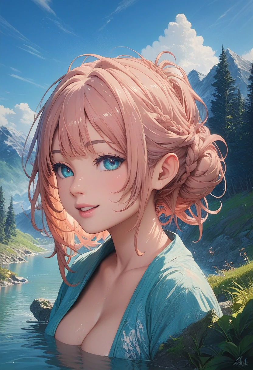 impressive painting of a mountain with trees and water, a detailed painting by Petros Afshar, shutterstock contest winner, environmental art, detailed painting, outlined art, 2d game art, isolated background for logo, strong contours, logo design