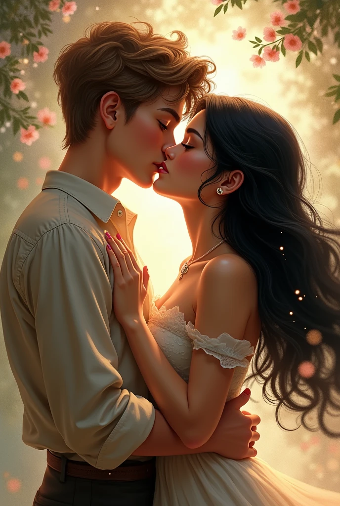 fantasy couple, young man light brown hair blue eyes, young woman black hair, hugging kissing