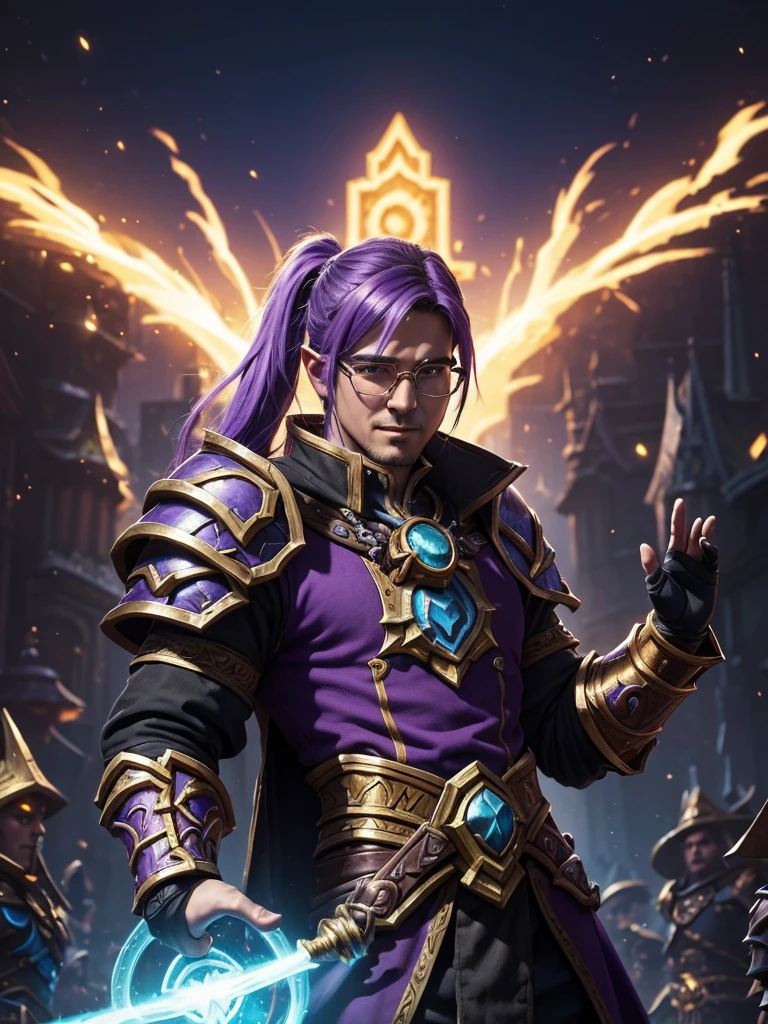 ((best quality)) , ((masterpiece)) , (detailed),A world of warcraft character in the style of hearthstone card art, standing on top of his crowd with one hand raised up to give an extreme high five. He is wearing white and blue armor with purple glowing details. His hair has two long pigtails that have different colors like orange or violet, and he wears magical golden glasses. The background shows him performing magic in front of cheering crowds at night time. In the artistic style of Modern Art. It's a vibrant and colorful illustration.