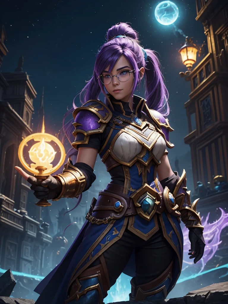 arte de fantasia, arte steampunk, Arte de RPG, fotografia, .RAW, , Melhor Detalhado, Imagem de uma mulher bruxa, Manipulating the Magic Blue Fire, mulher extremamente bonita (Melhor Detalhado, master part, hiper-realista: 1.5) cabelos loiros, cabelos ricos, cabelos ondulados, dynamic eye color, vestindo vestido preto e branco, wearing pantyhose, usando botas de salto alto, lace-up boots, compor, fundo steampunk, ultra melhor realista, melhores detalhes, best quality, 16k, [ultra detalhado], master part, best quality, (extremamente detalhado), tiro ultra largo, fotorrealismo, profundidade de campo, pintura hiper realista, Runas brilhantes_Purple, fogo azul