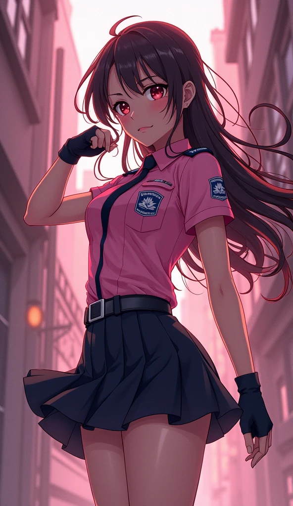 Special Effects Heroine Pink-themed uniform Police wind Fighting Pose mini skirt Japanese Long Hair anger Back alleys of slums black fingerless gloves Anime illustration, Realistic, oil Sharp Eyes