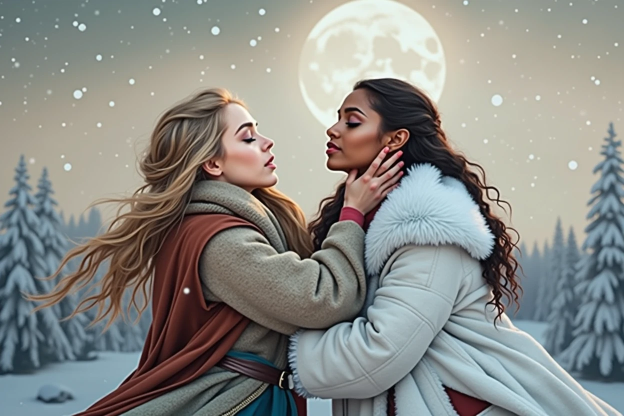 (masterpiece, highest quality, official art, beauty and aesthetic), photograph, perfect anatomy, two gorgeous and stunning dark-skinned or pale-skinned young girls are deeply in love with each other, kiss, perfect make-up, romantic atmosphere, snow and moon, magnificent panorama view