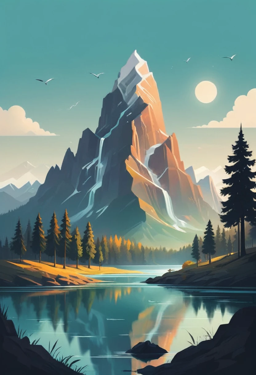impressive painting of a mountain with trees and water, a detailed painting by Petros Afshar, shutterstock contest winner, environmental art, detailed painting, outlined art, 2d game art, isolated background for logo, strong contours, logo design