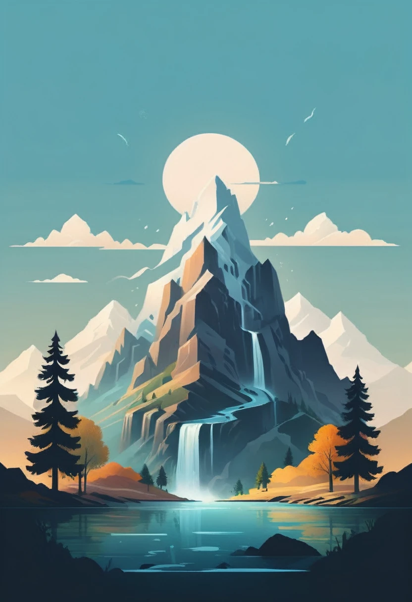 impressive painting of a mountain with trees and water, a detailed painting by Petros Afshar, shutterstock contest winner, environmental art, detailed painting, outlined art, 2d game art, isolated background for logo, strong contours, logo design
