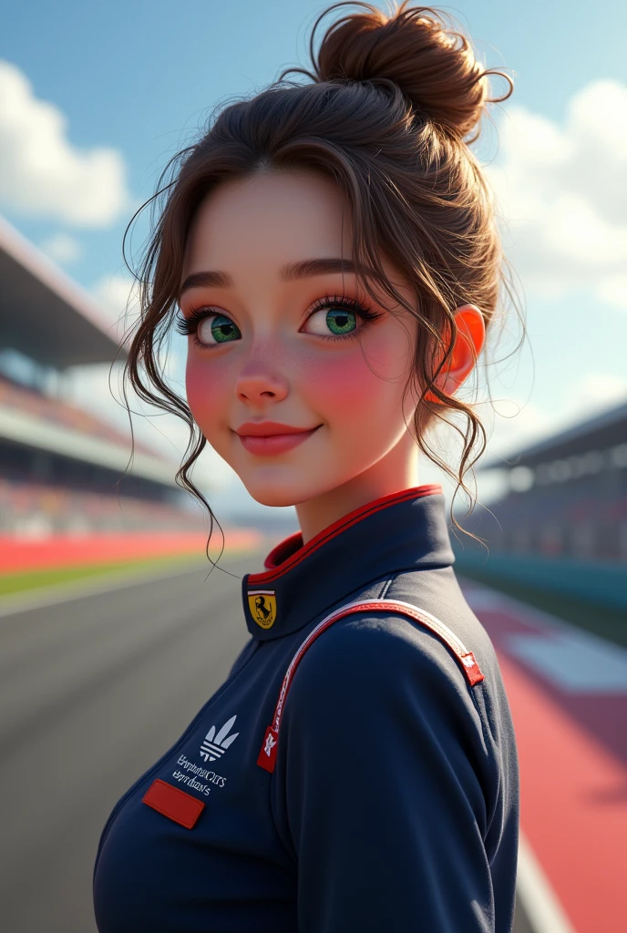 A beautiful 21 year old celebrity, Light brown bun hair, greeneyes, beautiful smiling, dimples and white skin cheering for a Formula 1 race in a navy blue uniform 
