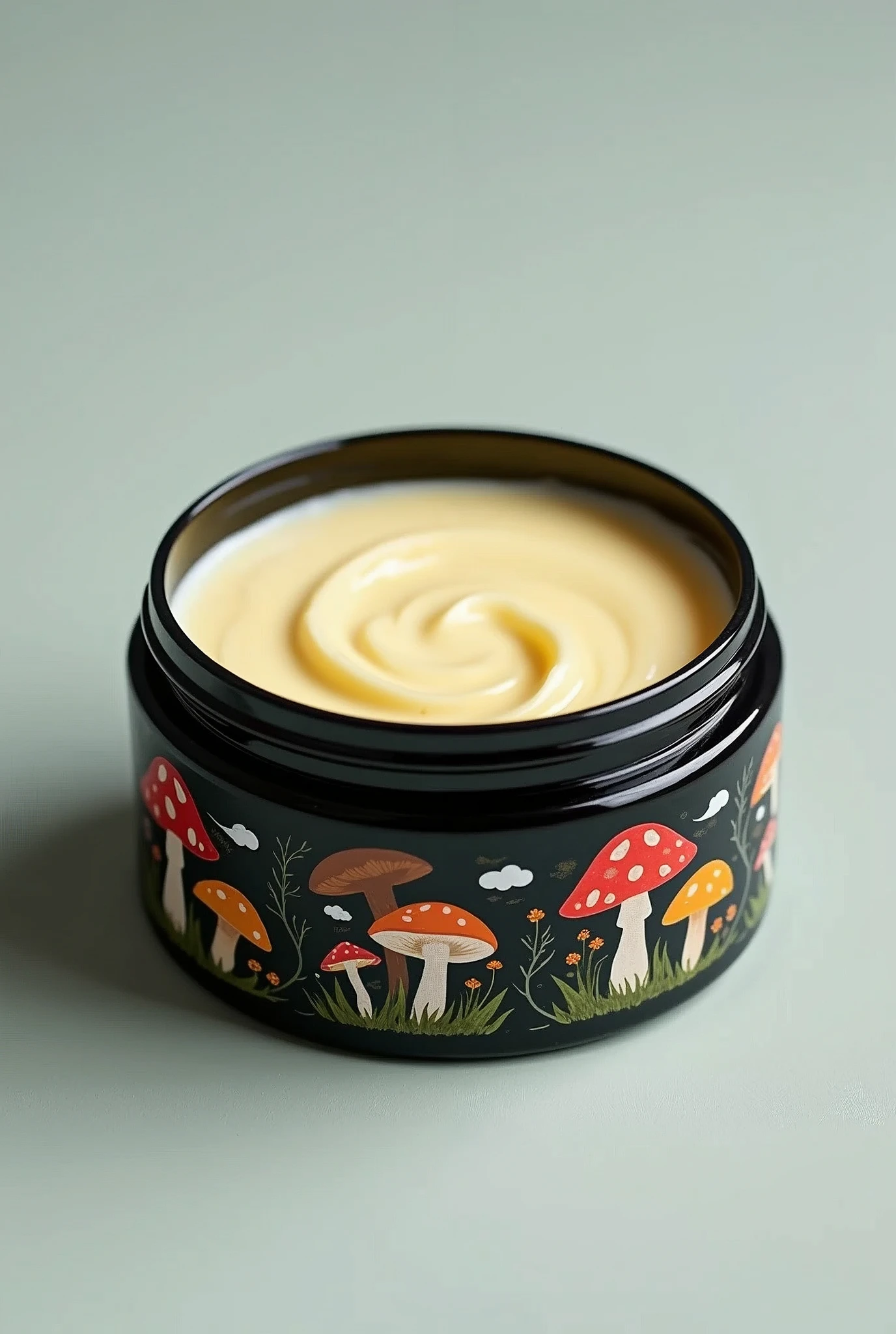 Mockup of a medium container containing body butter, The packaging is black with colorful mushroom drawings., The name it should have is "Seta serena"