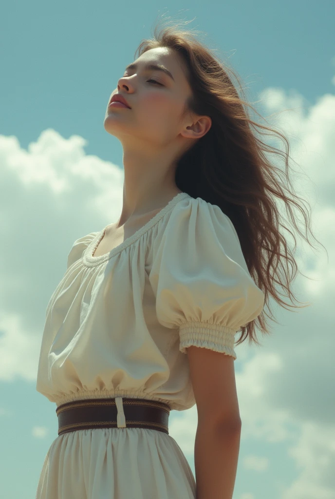 masterpiece, high quality photo, a young girl, limp body, (hands tied behind back:1.2), A beautiful limb, (detailed facial expression; perfectly beautiful face, Beautiful fingers, fear, faint, Beautiful body, unconsciousness, renaissance inspired, medieval belt, puffy sleeve, skin tight clothes, body tights:1.1), tilt back head, floating, sky background, (full length white pantyhose:1.1), (limp legs:1.2), (large breast:1.2), limp shoulder, sportswear,