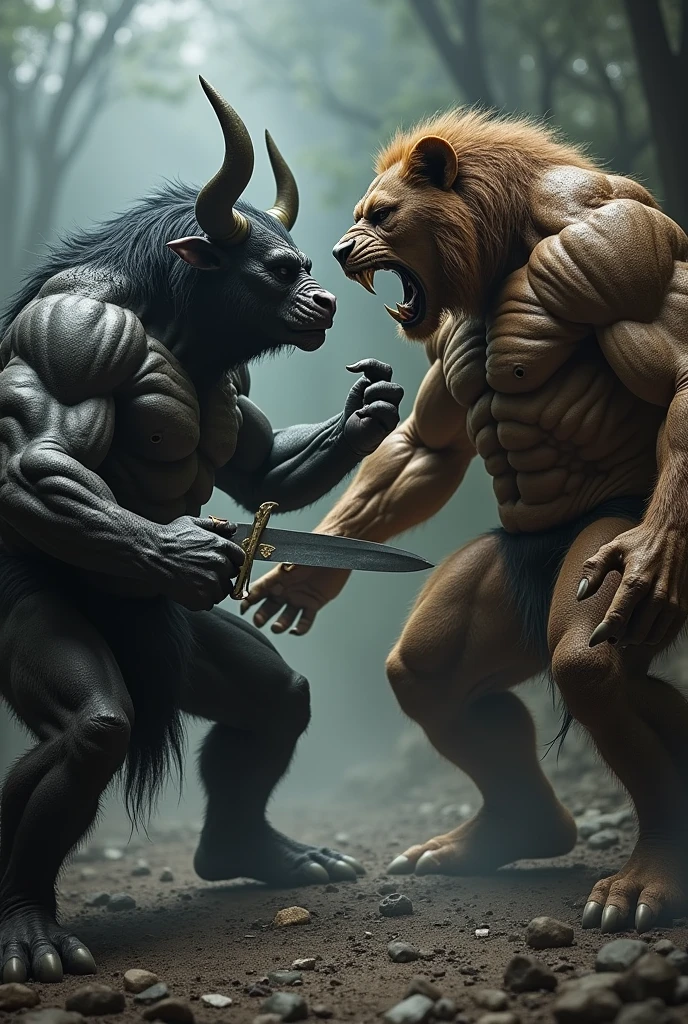 Generates a monster with a muscular man&#39;s body, bull Head, and a sword, fighting another monster with a lion&#39;s head and a gorilla&#39;s body 