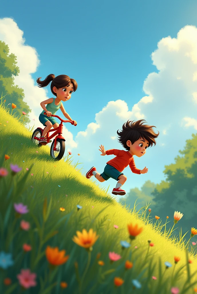 There is a child running up a slope at high speed without any support.。
The child runs away, so the mother hurriedly chases after him on a child's tricycle.。