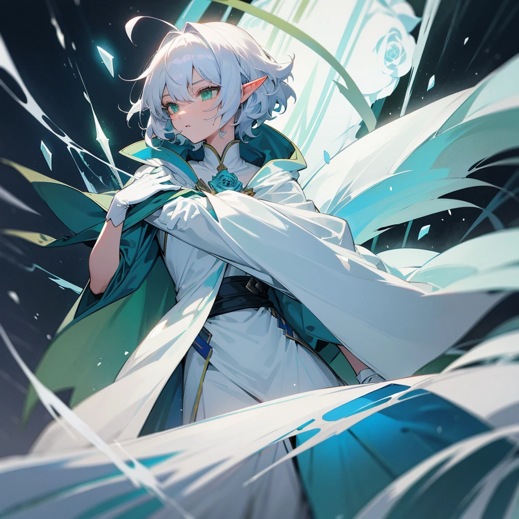 Elf, silver hair,short hair, medium cut, ahoge, curly hair,green eyes,slender, fair skin, robe,  cloak,White gloves, blue effect, ice effect, triumphantly,Ice Rose ,magic,green rose,Noble son