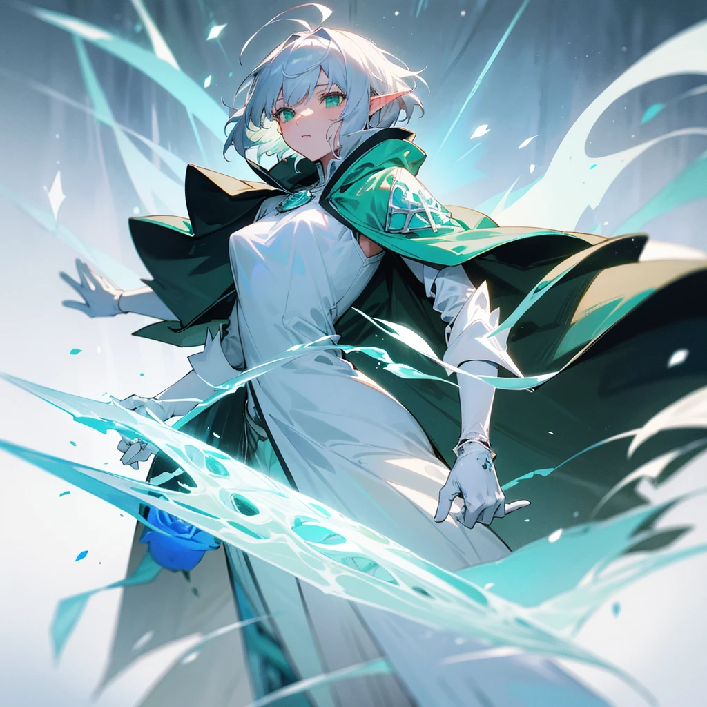 Elf, silver hair,short hair, medium cut, ahoge, curly hair,green eyes,slender, fair skin, robe, cloak,White gloves, blue effect, ice effect, triumphantly,Ice Rose ,magic,green rose,Noble son