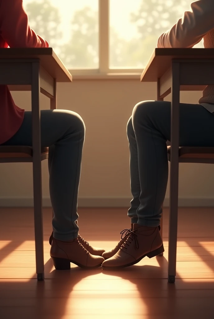 Could create an image of two people sitting side by side in a chair? Showing only their feet and two desks side by side in a classroom, without showing their faces. Them with their feet touching romantically
