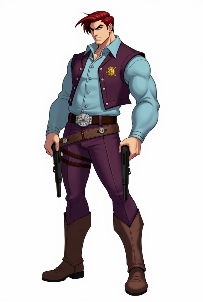 character is a gunslinger with the following characteristics:
hair: dark red, combed back in a volumetric manner.
eyebrows: thick and black, which give it a defiant expression.
outfit: He wears a light blue shirt with a dark purple vest., adorned with two golden insignia.
belt: Brown with a silver buckle, holding bullet cartridges and a gun holster.
Pants and Boots: Dark purple, matching the vest.
Weapons: Carry two black pistols with silver details, one in each hand.