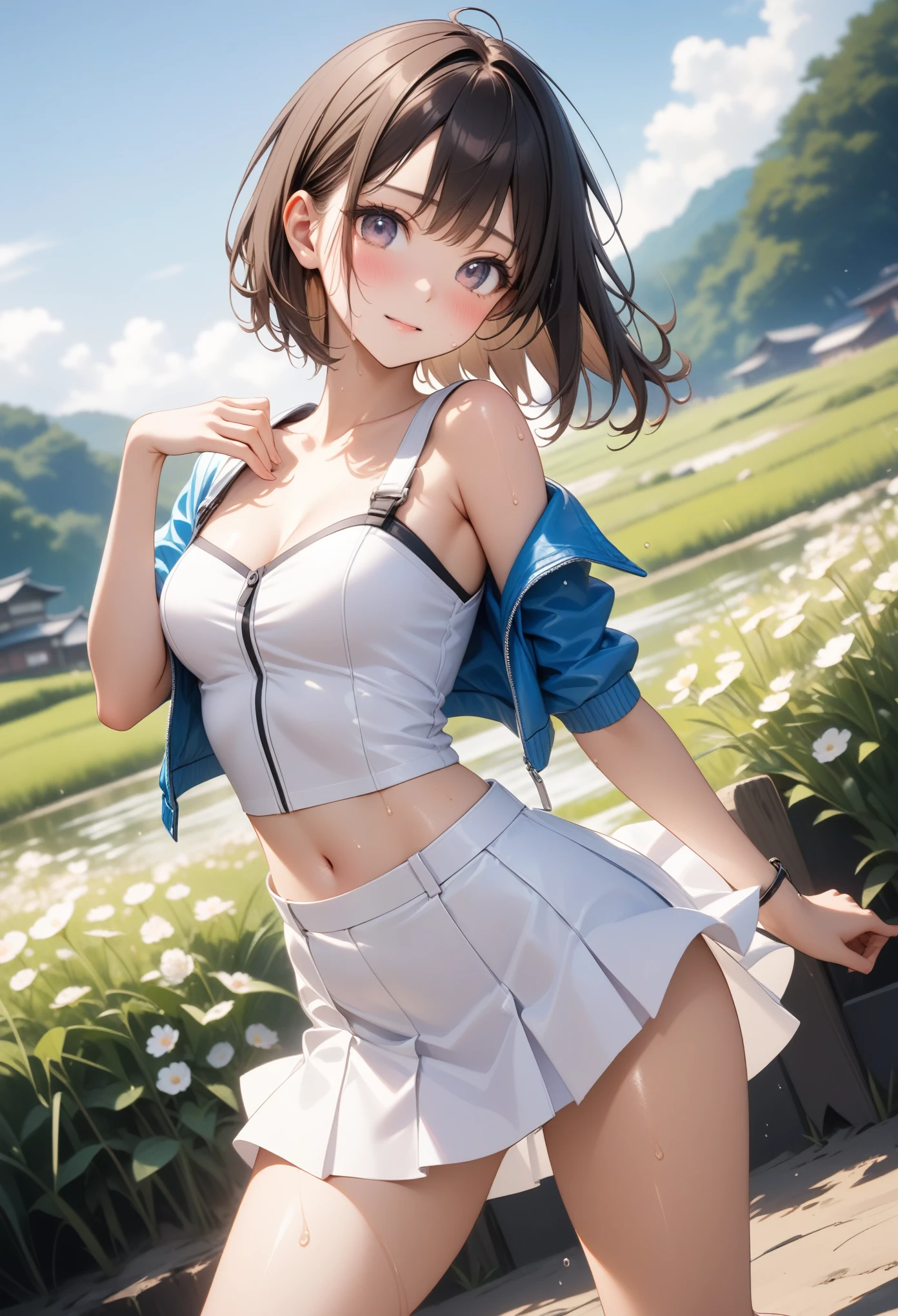 (((A woman playing in midsummer in Japan))), ((cropped jacket)), ((suspender skirt)), ((bustier)), ((kneehighs)), ((Shiny Costumes)), skindentation, skinny, solo, 1 woman, Masterpiece, highest quality, highest quality, 16K, incredibly absurd, highly detailed, 2.5D, ai-generated, delicate and dynamic, very delicate facial expressions, delicate eye depiction, erotic, only sexy woman, ((A cute and kind face)), healthy figure, ((25-year-old woman)), 160cm tall, medium firm swaying bust, Dark Hair, blush, Sweat,Embarrassed,sexy, ((thin thighs)), shiny and lustrous, facing straight at viewer, (((in heat))), ((Oily_skin)), ((Lots of sweat)), (((Brown Skin))), ((dutch angle)), ((erotic pose)), ((On a hot summer afternoon on a bank in the Japanese countryside)),, (((Very dynamic pose))),