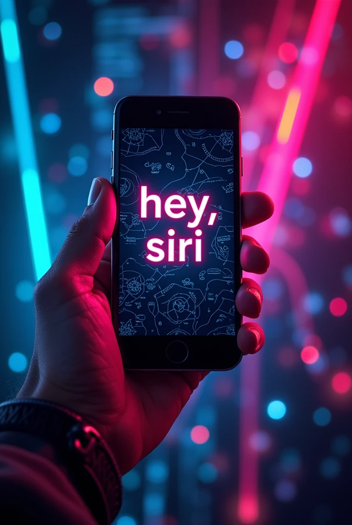 Holding smartphone with the word "hey , siri" and "😊" written on the smartphone screen, background rainbow color neon light line drawing of detailed diagram, fantasy art