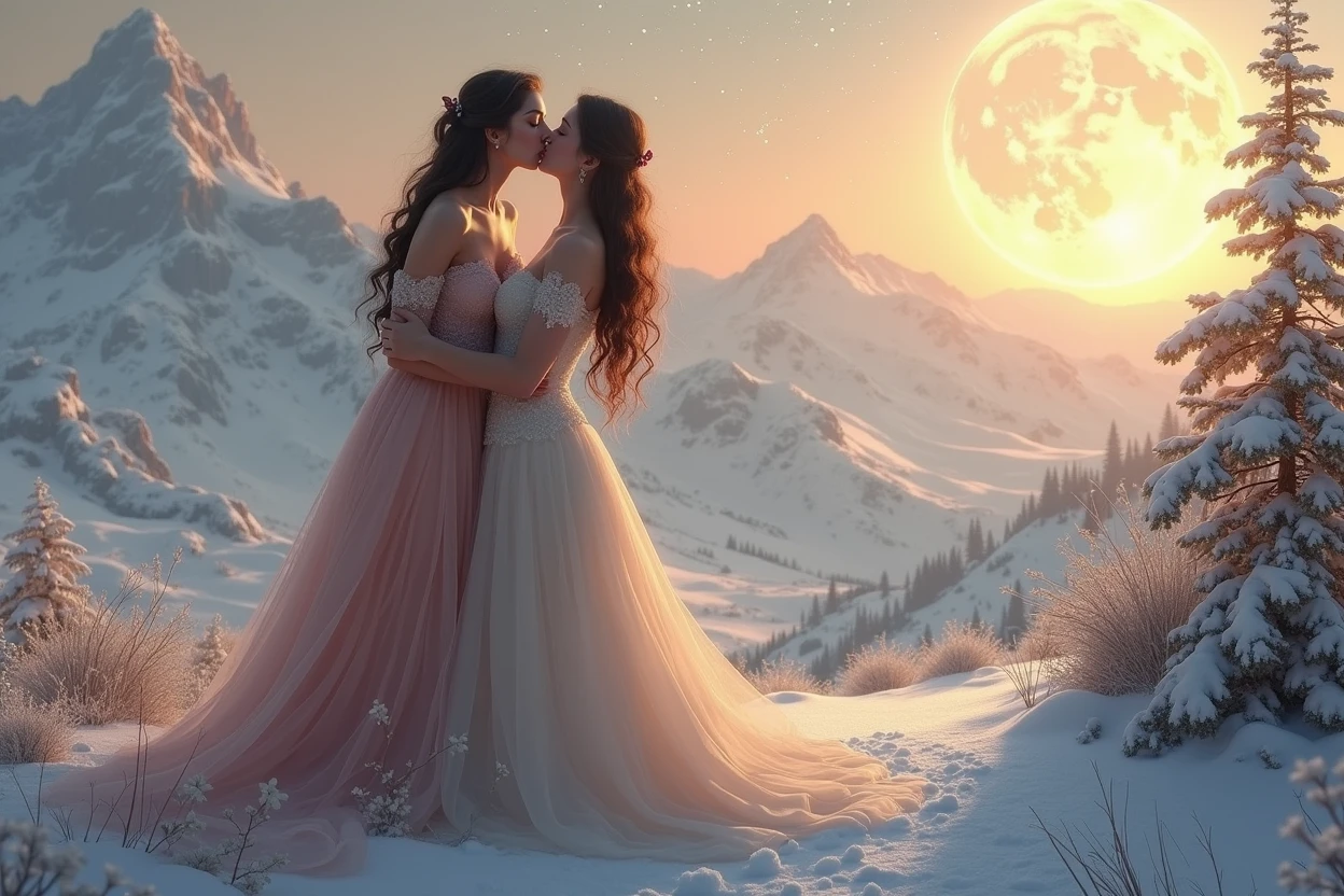 (masterpiece, highest quality, official art, beauty and aesthetic), photograph, perfect anatomy, two gorgeous and stunning dark-skinned or pale-skinned young girls are deeply in love with each other, kiss, perfect make-up, romantic atmosphere, snow and moon, magnificent panorama view