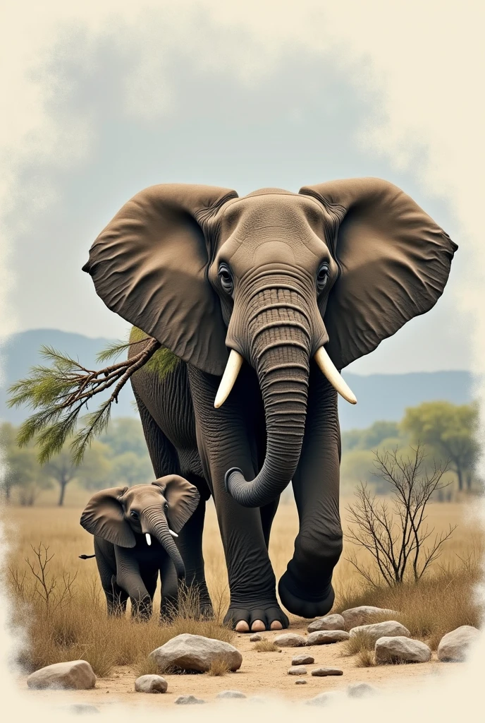 Make a picture of a small elephant and calf carrying branches in their trunk. near him there is a pile of stones and in the background a large adult elephant 