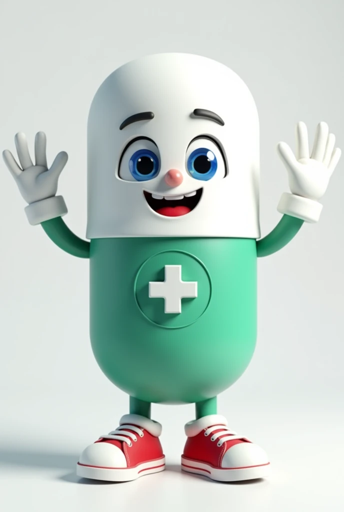 Create a 3D animated mascot shaped like a white pill capsule with a happy and friendly expression. The mascot should have large blue eyes, a wide smile, and be waving with both hands. It should wear a green shield-like casing around its lower body with a white cross symbol inside a circle on the front, representing healthcare or pharmacy. The mascot should have large white gloves and red sneakers with white stripes. The overall appearance should be cheerful, welcoming, and suitable for health-related marketing