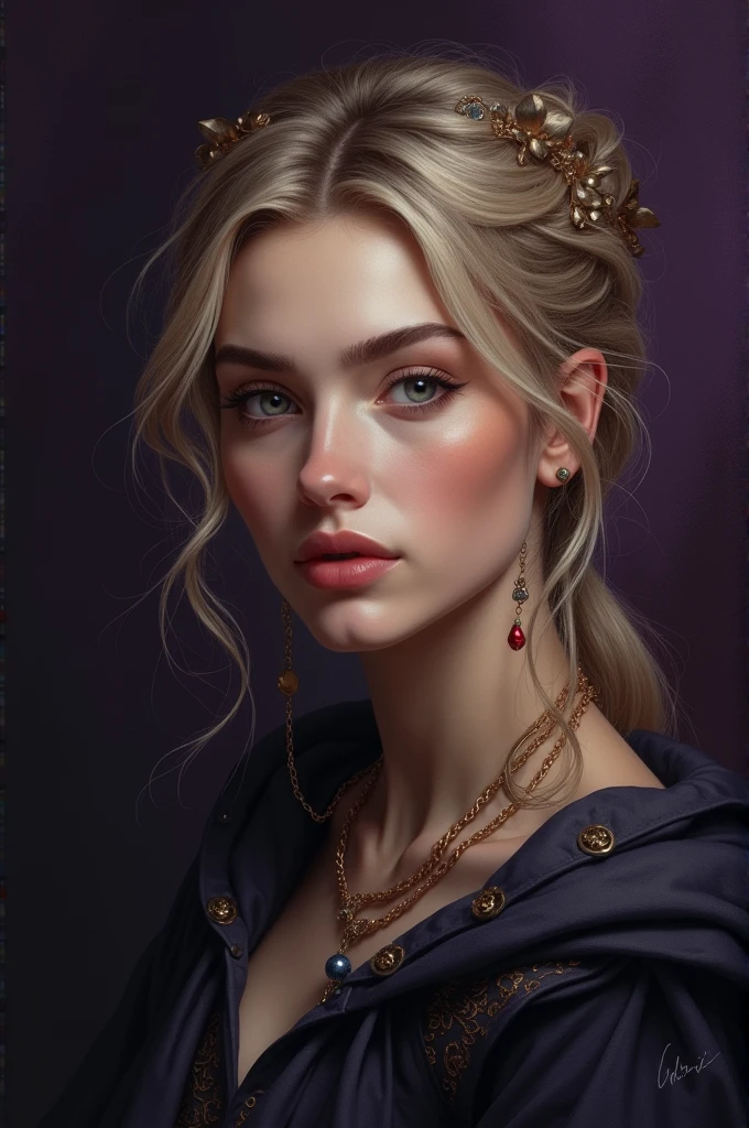 Portrait d'une fille, Jeune femme de 38 ans, Généreuse, Autodidacte, Chaleureuse, une Fabuleuse personne Hypersensible, Métropolitaine. (Noir violine Victorieux). Une fille portant les traits de sa mère, une remarquable valkyrie dotée d'une immense sagesse ( Sigrún ). Une fille portant les traits de son père, autoritaire et flegmatique. 