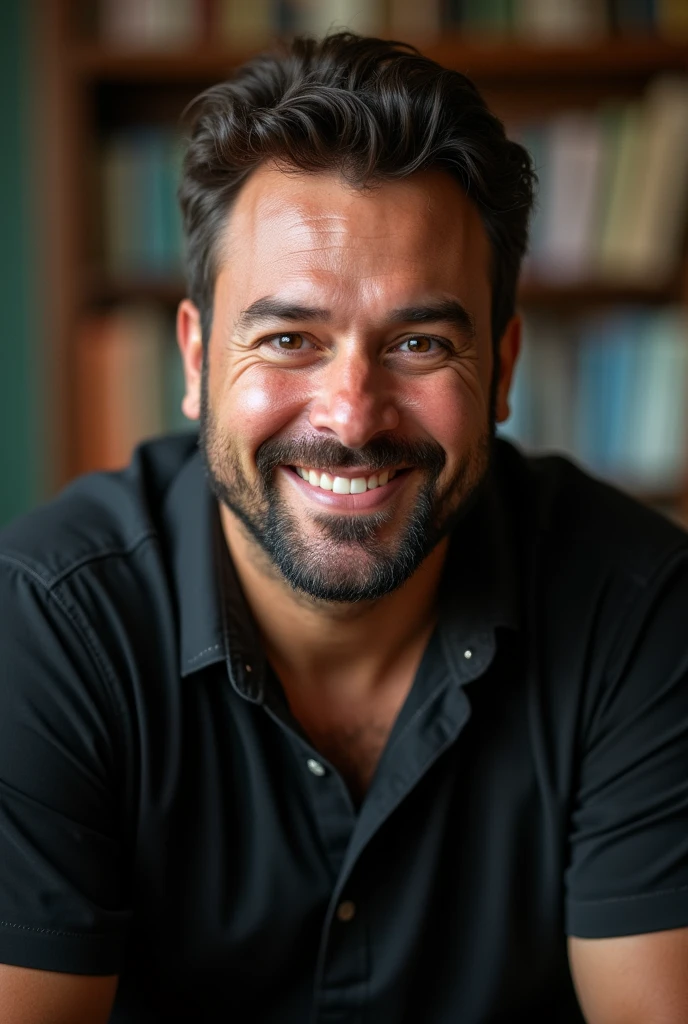 An ultra realistic image of a slightly chubby guy, brown guy with a goatee and a black shirt, he is a teacher.