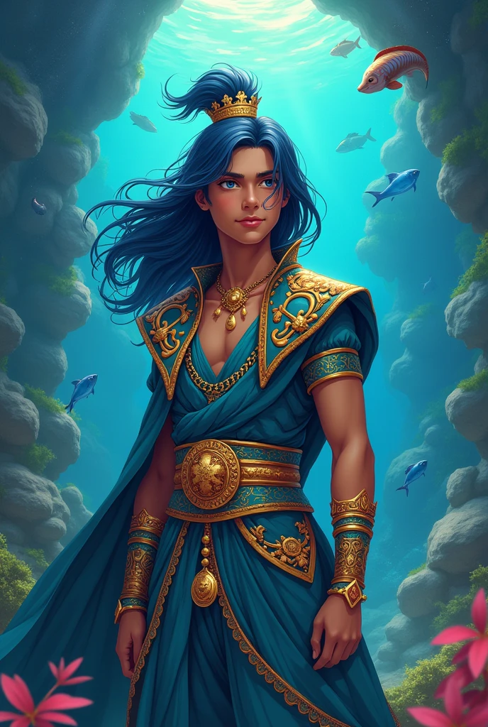 Make an image of a fifteen-year-old king of a maritime country who uses magic in Indian costume with references to the sea and the anime Sibad the sailor with slightly dark skin and long, blue-black hair with an aquatic kingdom in the background.