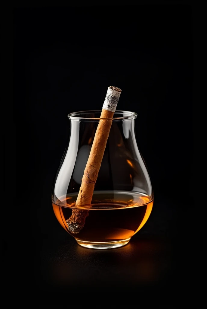 wiskey glass with a tabaco on top in a black background
