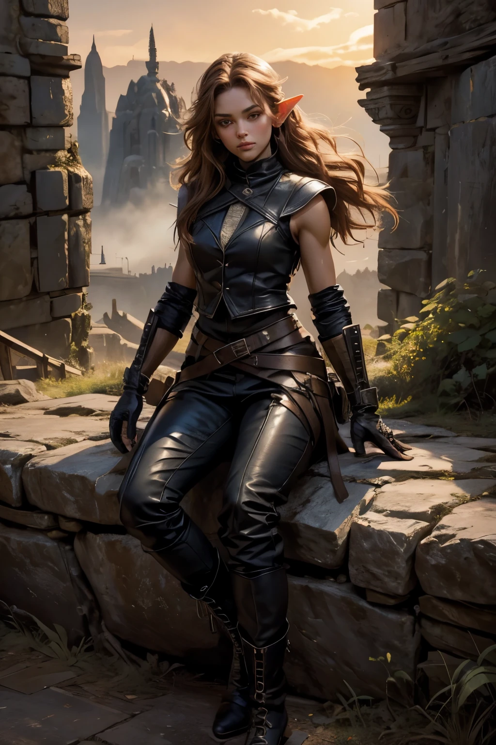 ((Medieval fantasy setting)). Tags: super detail, high details, high quality, best quality, highres, 4K, portret, detailed face, face fix, 1girl
"Echo is a 22-year-old half-elf. She has light brown skin. Thick light chestnut hair with caramel highlights and soft waves. Brown eyes with green hues. Her beautiful face is oval with soft features and pronounced cheekbones. She has full and attractive lips with a natural blush. A slight scar over her right eyebrow. Her ears are small like a human's but pointed like an elf's. Her physique is athletic and slim, she toned and flexible. She has a round and elastic body shapes."
Clothing.Vest: Black leather vest, thin but strong. The vest fits the body, emphasizing the athletic physique. Fastens with laces in the front, which allows you to quickly take it off or put it on. There are leather straps on the shoulders and sides for additional fixation.
Pants: Lightweight black leather pants that fit the hips without restricting movement. On the hips - small pockets for throwing knives that close with buttons.
Gloves: Soft leather gloves that protect the hands and wrists, but do not restrict the fingers. Black, without unnecessary decorative elements.
Boots: Lightweight mid-calf leather boots in black, with soft soles for silent movement. The daggers are hidden in the inside pockets of the boots.
Background: stone ruins, bloody sunset.