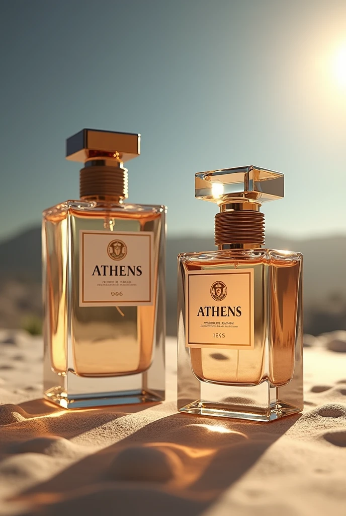 two realistic perfume bottles with Athens logo with a unique design in several different positions and angles as if in a magazine. create a background scenario.