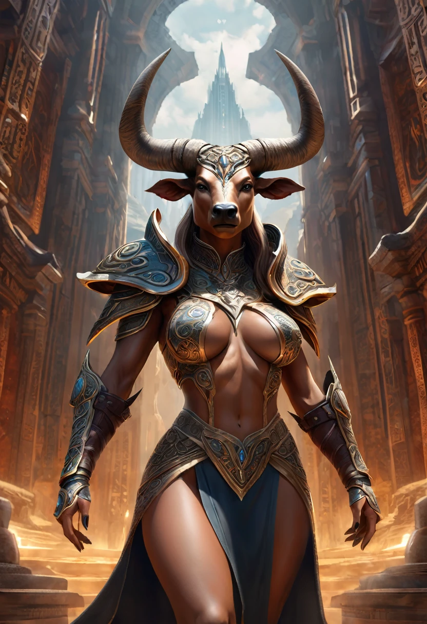 Anthropomorphic  feminine minotaur enchanter. Official Art – An Award-Winning Digital Masterpiece In 4K Ultra HD, Extreme Detail And Intricate Realism. Symmetrical Face. This Concept Art Brought To Life By The Hands Of Artists Like Wlop & Artgerm In A Stunning 2D Vector Illustration.Background Is A Panoramic Vista.
