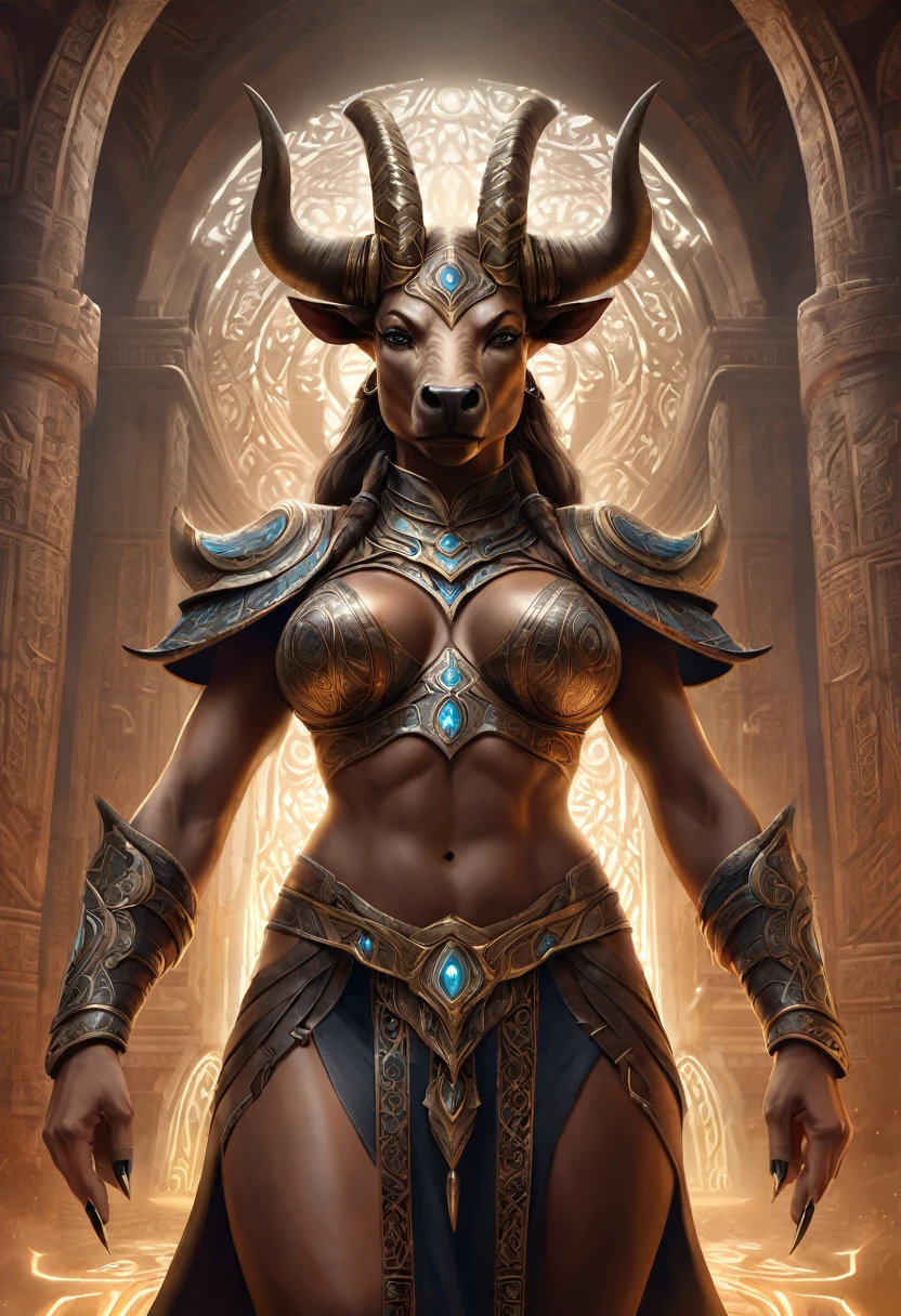 Anthropomorphic  feminine minotaur enchanter. Official Art – An Award-Winning Digital Masterpiece In 4K Ultra HD, Extreme Detail And Intricate Realism. Symmetrical Face. This Concept Art Brought To Life By The Hands Of Artists Like Wlop & Artgerm In A Stunning 2D Vector Illustration.Background Is A Panoramic Vista.
