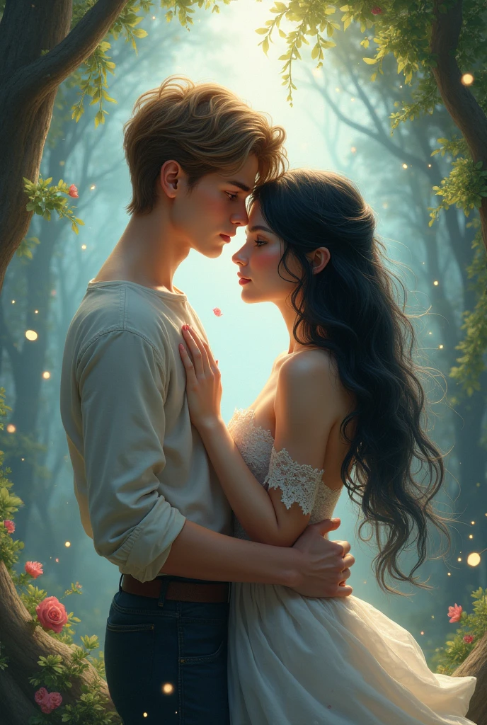 fantasy couple, young man light brown hair blue eyes, young woman black hair, full body 
