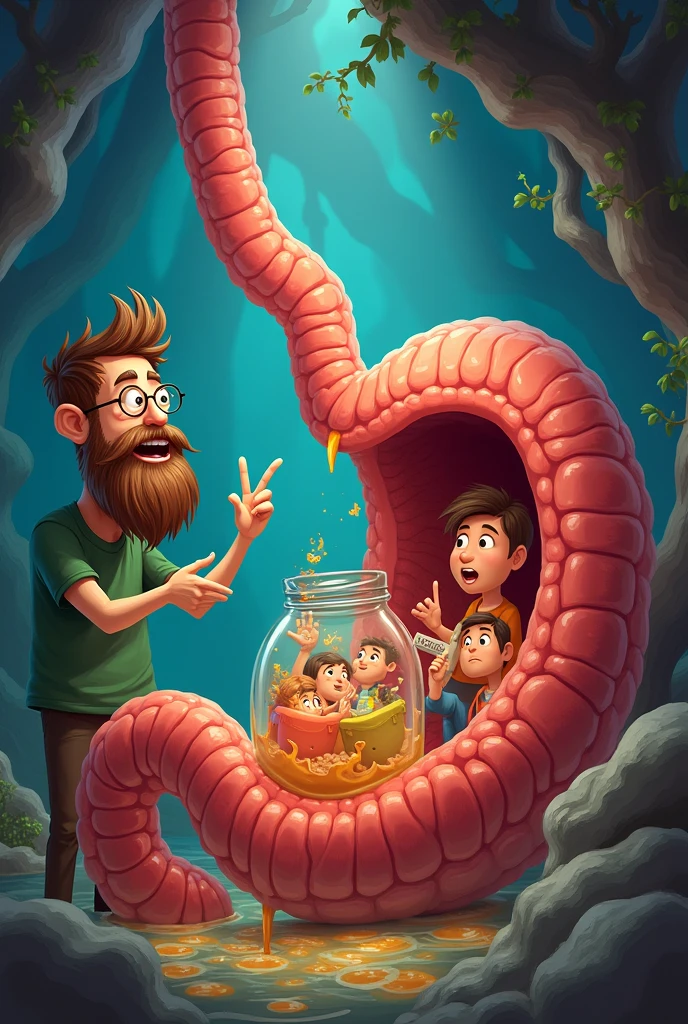 Bearded teacher with students in a jar inside the stomach in the gastric juices explaining and a student raising his hand cartoon