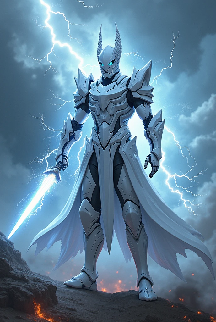 War general with white electrolyte dragon armour and thunder in background with electric spark with electric sword