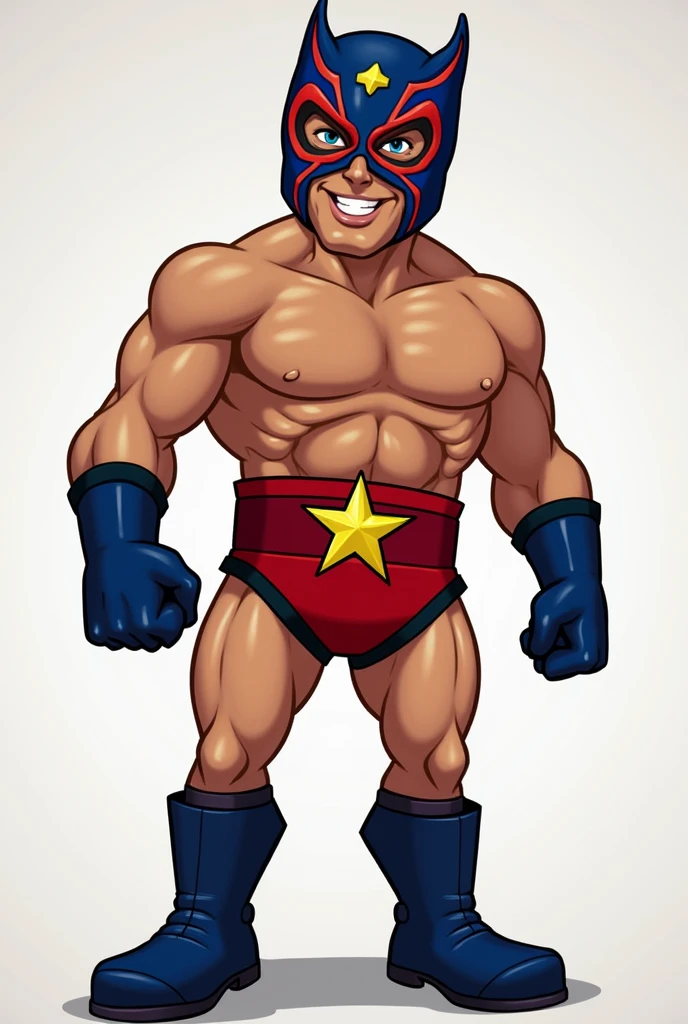 The character in the image is a masked wrestler with the following characteristics:

mask: Blue with red details around the eyes and a yellow symbol on the forehead.
body: Muscular and light brown skin.
belt: Red with a large gold star-shaped buckle in the center.
Gloves and Boots: dark blue, matching the mask.