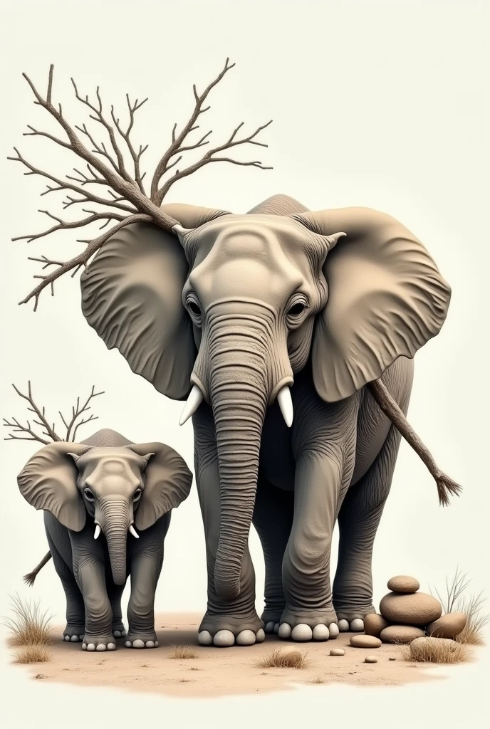 Make a picture of a small elephant and calf carrying branches in their trunk. near him there is a pile of stones 
