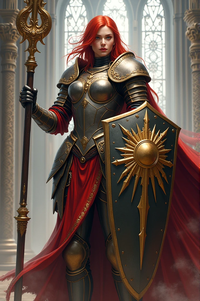 strong redheaded cleric class woman with armor and shield with sun crest and holding a massive weapon