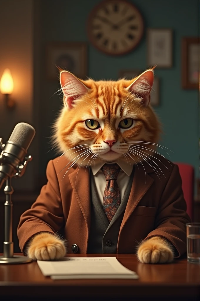 Create a detailed image of a fluffy ginger cat with a serious expression, wearing a vintage suit jacket and tie. The cat is sitting at a desk in a dimly lit, cozy setting, with a microphone and a glass of water on the table. The background should be slightly blurred, capturing the ambiance of a classic radio or TV studio."