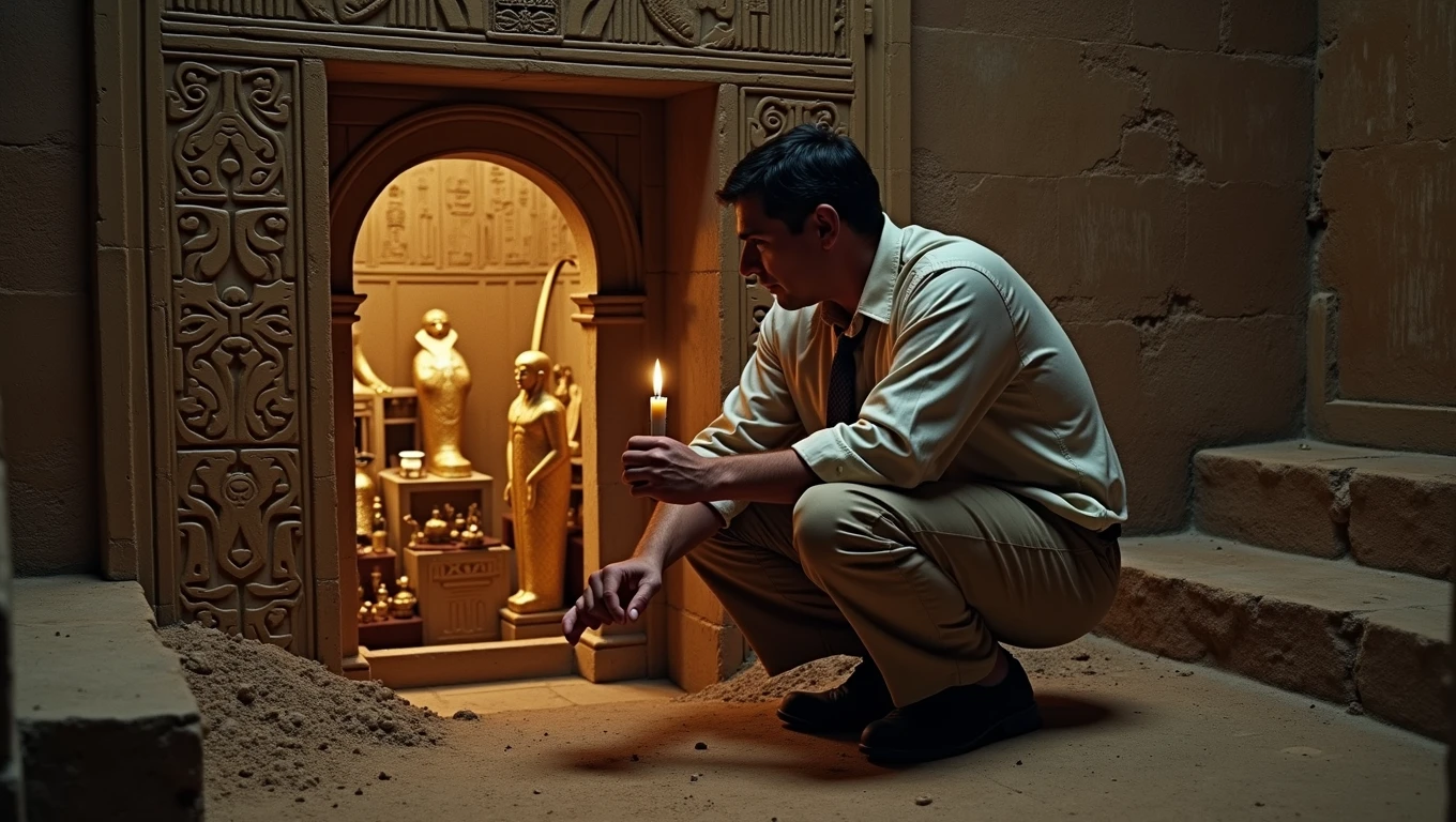 A cinematic scene capturing renowned archaeologist Howard Carter as he unveils King Tutankhamun's chamber in the Valley of the Kings. Archaeologist in clothes holds a candle in his hand.Kneeling on a stone staircase before a granite door with Egyptian hieroglyphics , he looks through a small opening in the sealed entrance, holding a candle that casts a warm glow over the chamber. Seu rosto, engraved with admiration and reverence, reveals the amazement of discovering ancient Egyptian treasures. The background shows the chamber filled with ancient golden Egyptian statues., jewelry and other artifacts glistening in the soft candlelight. The aged walls, marked by time, evoke a sense of history and mystery., photo, cinematic, architecture