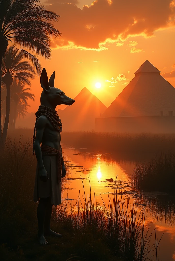 Visualize an ancient Egyptian scene at dusk, with the sun setting over the Nile River, casting a golden glow over the landscape. In the foreground, a mysterious figure of Anubis, depicted as a young boy with the head of a jackal, stands near a swampy area surrounded by tall reeds. The air is thick with mysticism, as shadows of ancient temples loom in the background, hinting at the early dynastic era of Egypt.