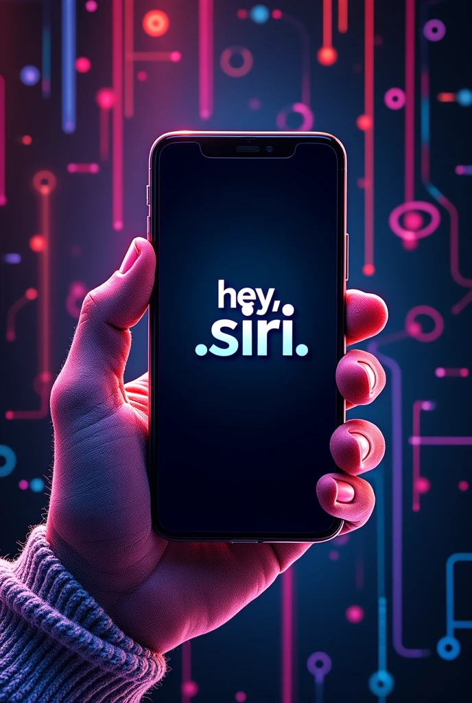 Holding smartphone with the word "hey , siri" and "smiling emoticon" written on the smartphone screen, background rainbow color neon light line drawing of detailed diagram, fantasy art