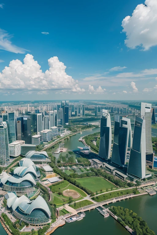 Aerial view of downtown Singapore,Marina Bay Sands,Clear air,Summer Clouds,People passing by々