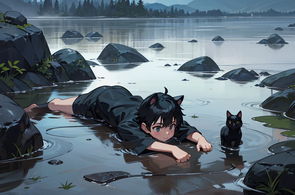 young injured boy with black cat ears lost in a rocky area, cloudy weather, puddles of water on the ground, afraid,