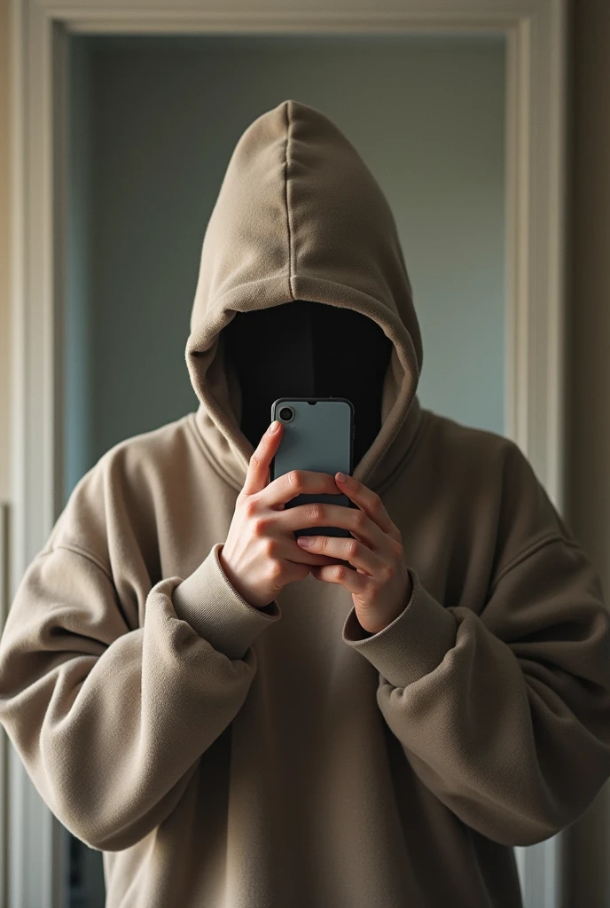 A photo in the mirror with baggy clothes covering my face with the cell phone 