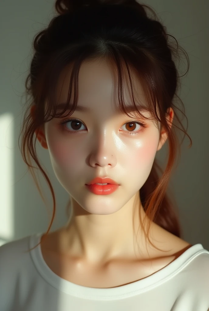 Shiny skin, luxurious look, pale red lips, cinematic style, light tracking effect, hair covering the forehead, extremely natural hair, realistic light and shadow effect with detailed depiction of the girl's face, large eyes, extremely realistic face, masterpiece, wearing a white short-sleeved shirt, 8K ultra-high resolution, realistic depiction, double eyelids, clothing with real fabric texture, elegant facial features, cinematic style, extremely realistic skin, chestnut ponytail, masterpiece