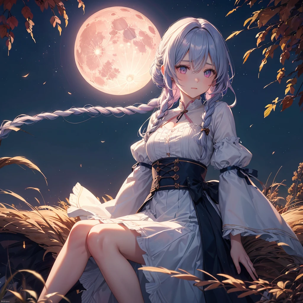 (Sky blue medium braided hair), (Pink eyes),(Fair skin)  ,(whole body),(One Girl),(harvest moon),(A large amount of Miscanthus sinensis in the background),autumn,(full moon),(masterpiece, Highest quality, Very detailed, Best Shadow), (Detailed Background), (Beautifully detailed face), High Contrast, (Best lighting, Very delicate and beautiful), ((Cinematic Light)), Hyper Detail,8k, Dramatic Light, Intricate details