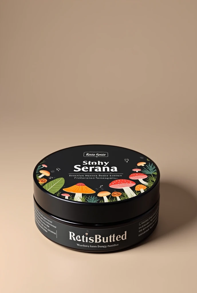 Mockup of a medium container containing body butter, The packaging is black with colorful mushroom drawings., The name that should be on the packaging is "Seta serena". The name must be seen large 