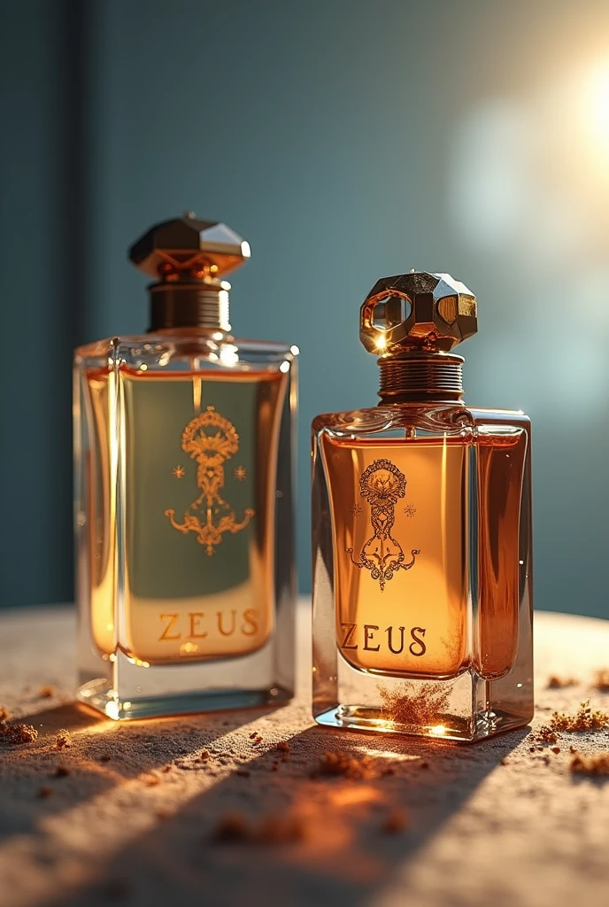 two realistic perfume bottles with zeus logo a unique design in several different positions and angles as if in a magazine. create a background scenario.