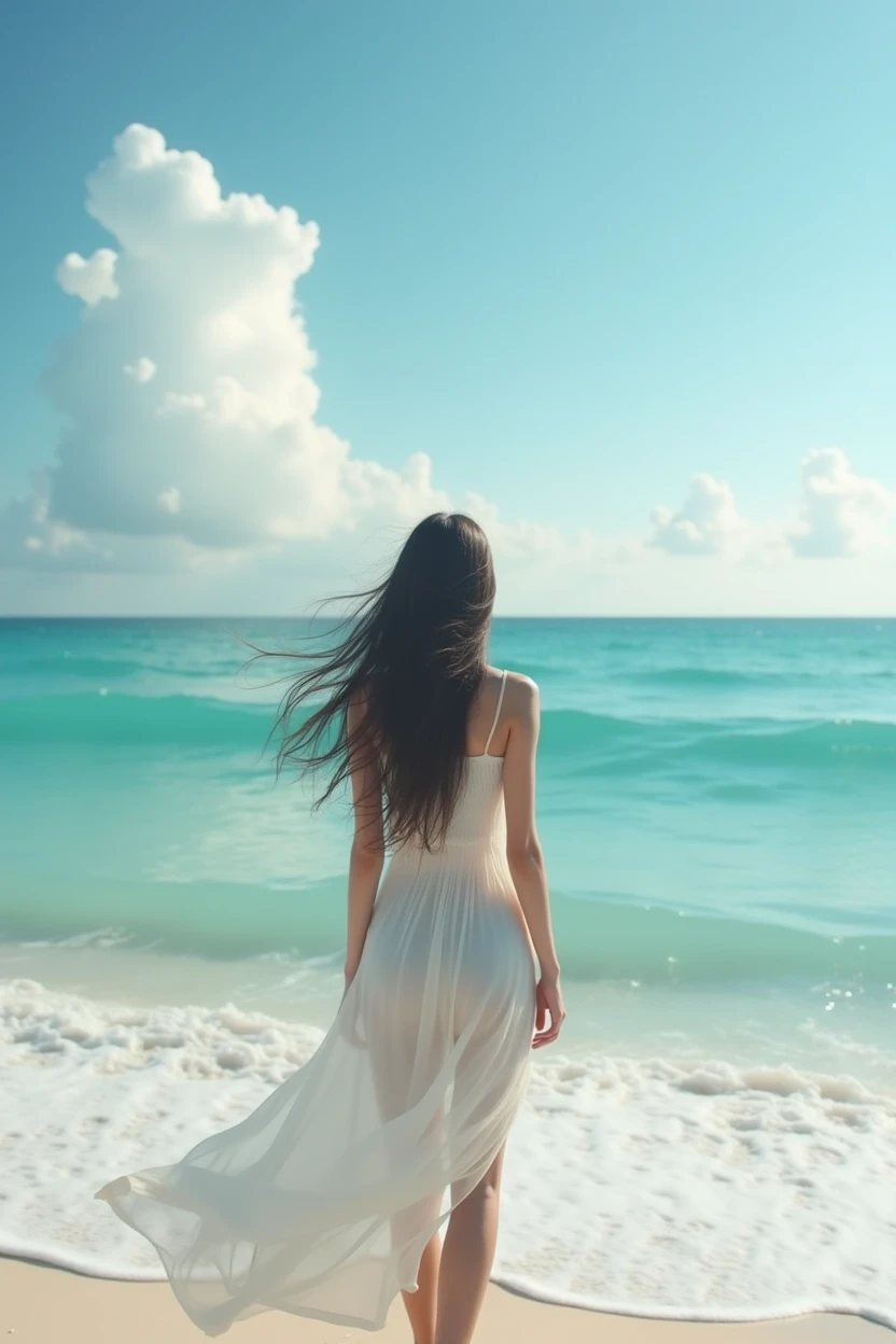 A photo of a woman on the beach from behind 